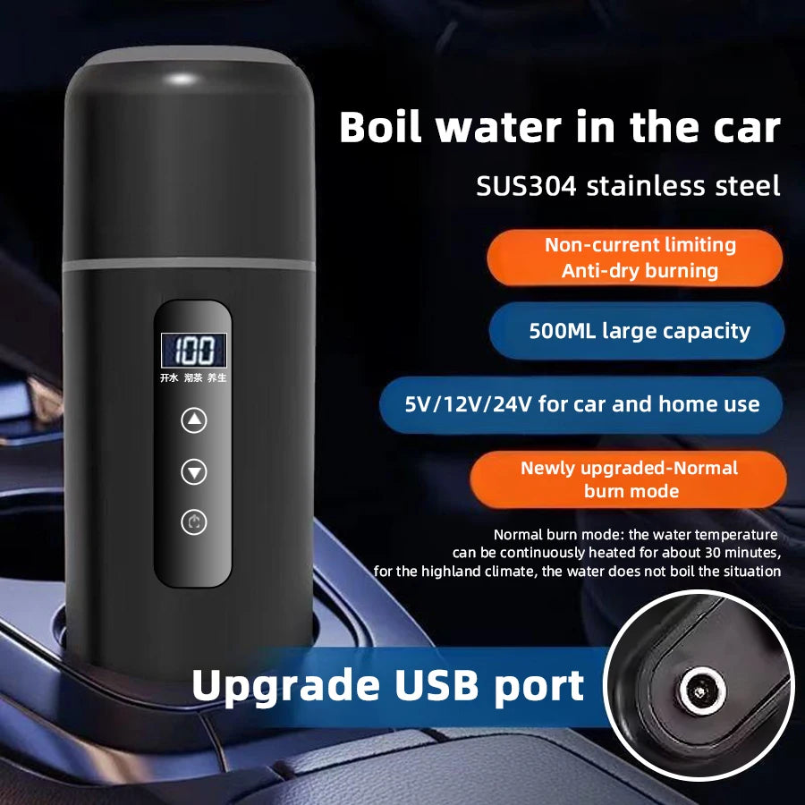 Electric kettle 12V 24V portable car heating cup 500 ml travel heating smart stainless steel insulation artifact OLED display